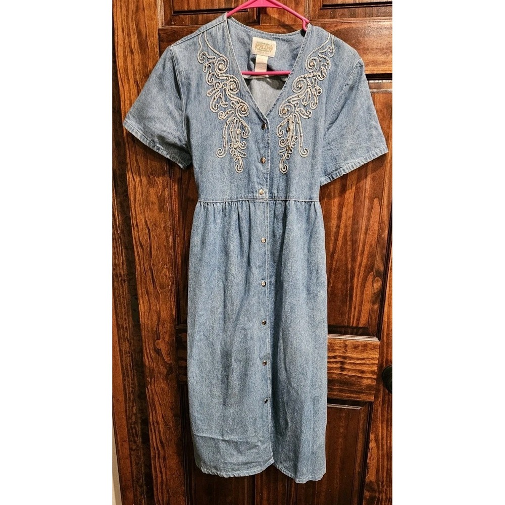 Pado Vintage Western Denim Dress Embroidered Gem Snap Button Blue Small